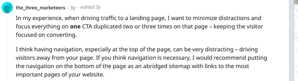 Reddit screenshot about navigation being distracting