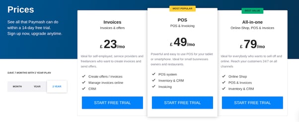 A pricing page with 3 boxes