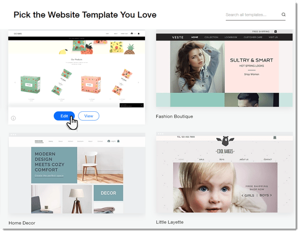 Example of Wix website templates