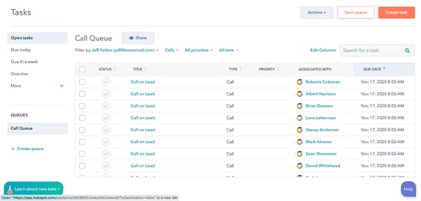 HubSpot task queue for calling leads