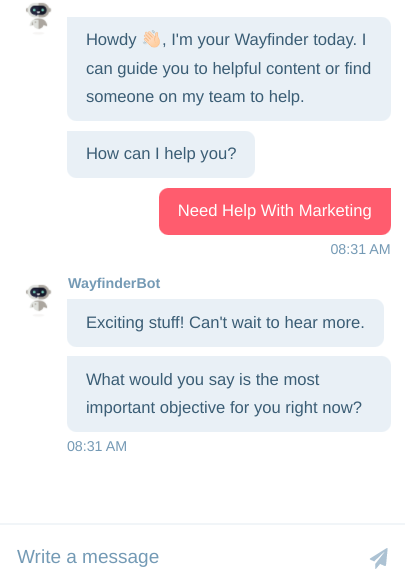 A chatbot asking about a customers needs and objectives
