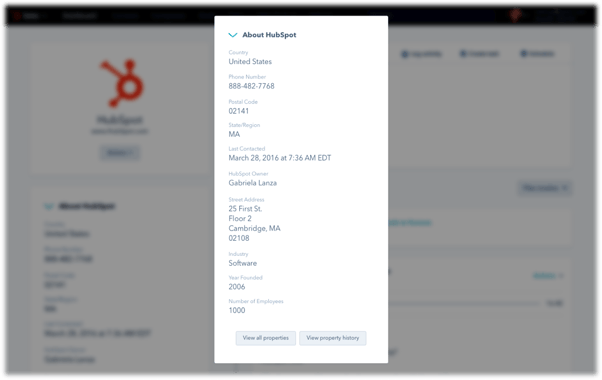 hubspot screenshot that shows company insights