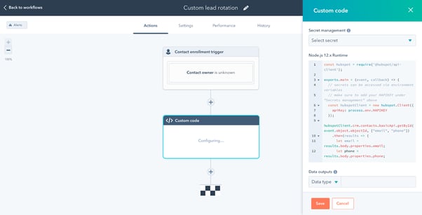 Workflow builder with a custom code insert