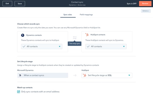 HubSpot screenshot showing data sync rules