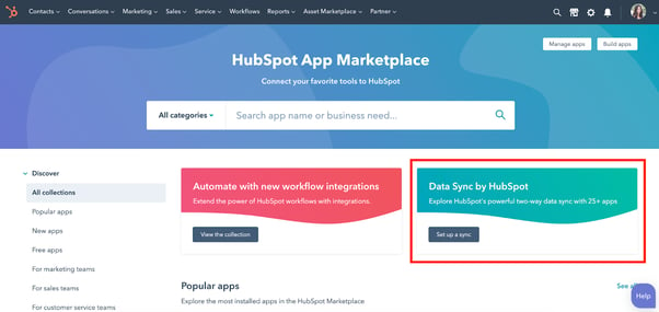 HubSpot screenshot showing data sync in app marketplace