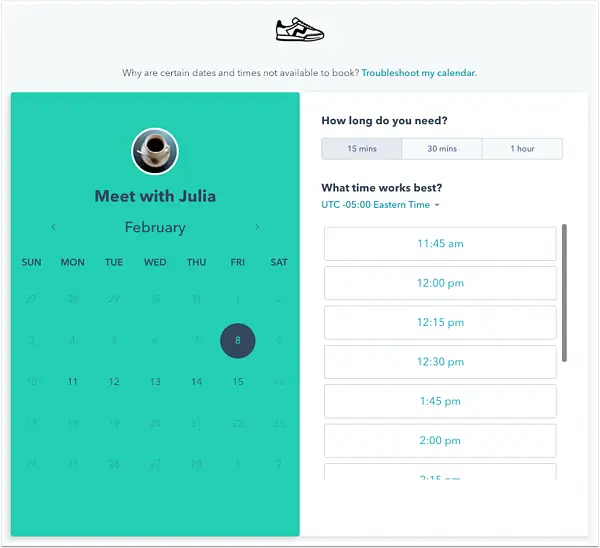 Example of HubSpot's calendar functionality