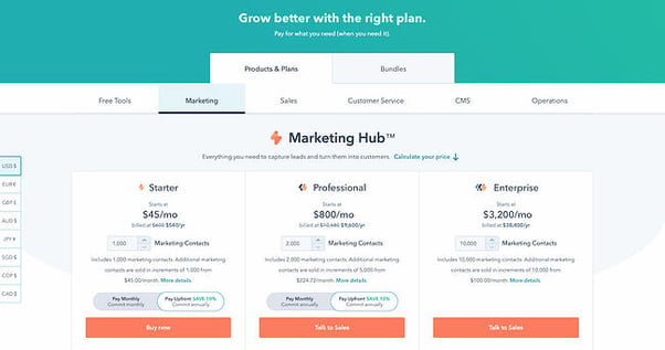 HubSpot's pricing page