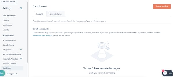 Sandboxes section of HubSpot's settings menu