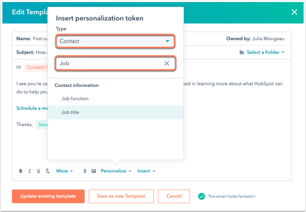 HubSpot's personalization tokens