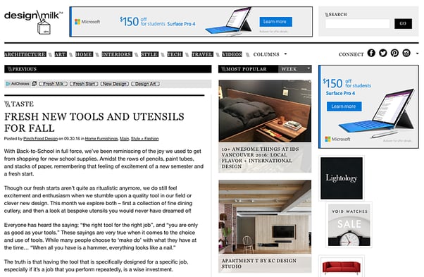 A blog cluttered with ads and offers