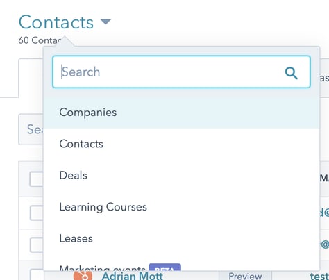 Drop-down menu of companies, contacts, deals, learning courses, and leases