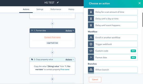HubSpot screenshot showing workflow options