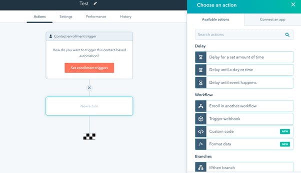 Workflow builder showing available actions