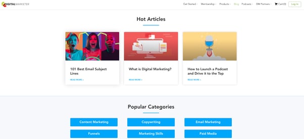Digital Marketer's blog shows hot articles and popular categories