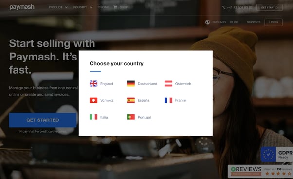 A 'choose your country' pop-up with flags