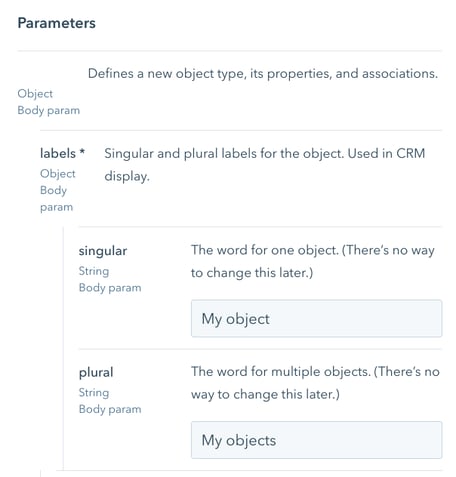 Parameters for creating a custom object