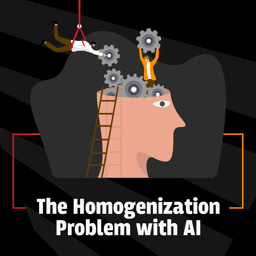 Graphic featuring a human head filled with gears being adjusted by tiny workers, with text reading 
